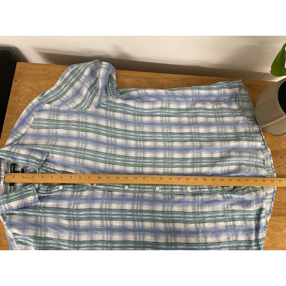 Michael Kors Mens XL Slim Fit Short Sleeve Plaid Button Down Shirt Blue Green - Picture 4 of 5